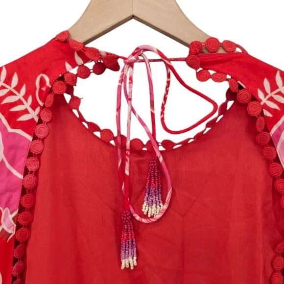 FARM Rio Summer Sunrise Midi Dress Red Short Sleeve Belted Back Cut Out Size S - Picture 11 of 13